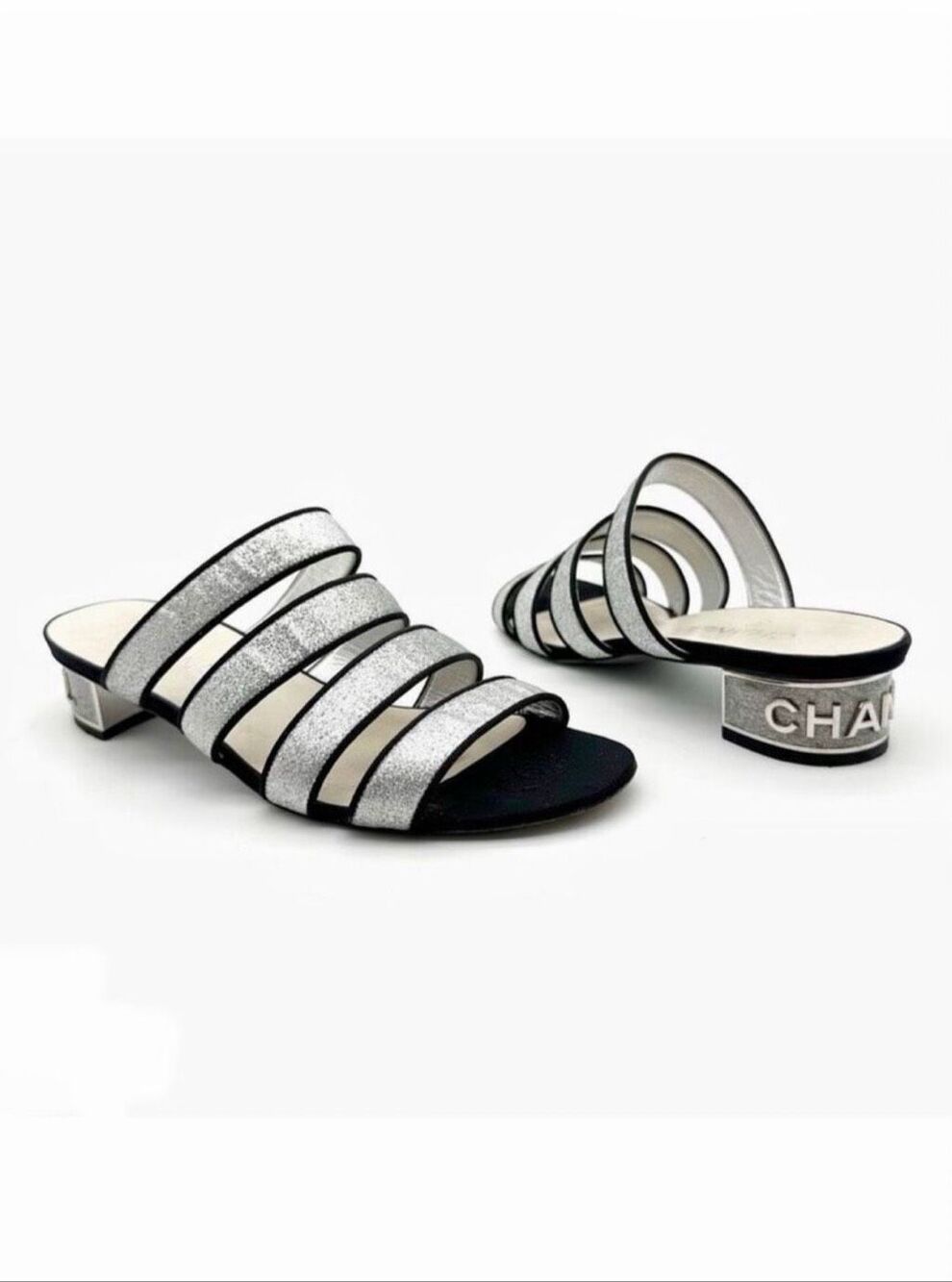 CHANEL Logo Silver Glitter Black Leather Slide Heels Size 39.5 Strappy Sandal Mu